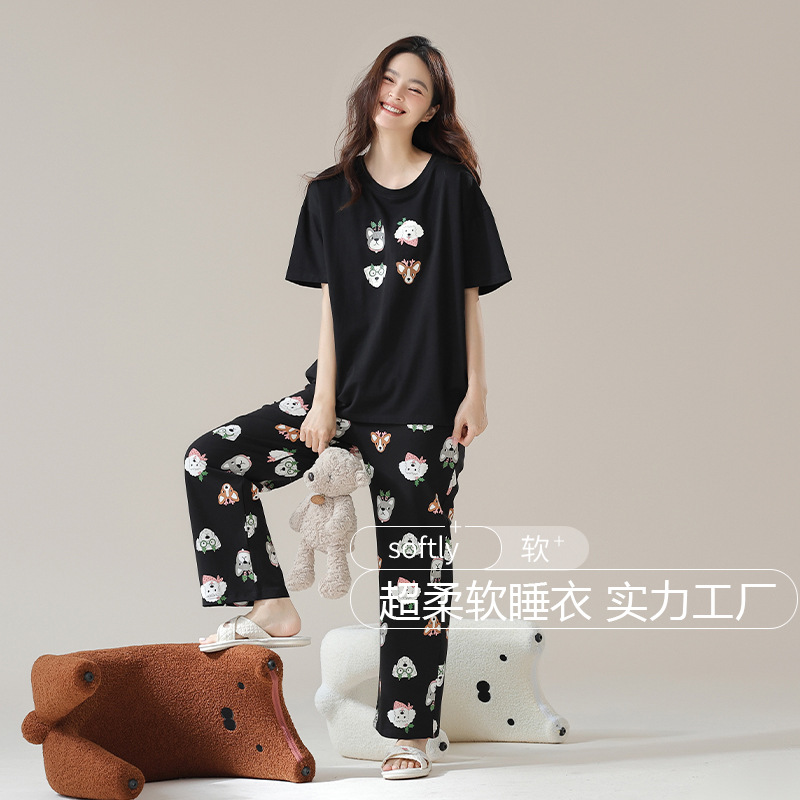 【抗菌棉】夏季女士睡衣純棉短袖長褲圓領印花T恤潮家居服睡衣女