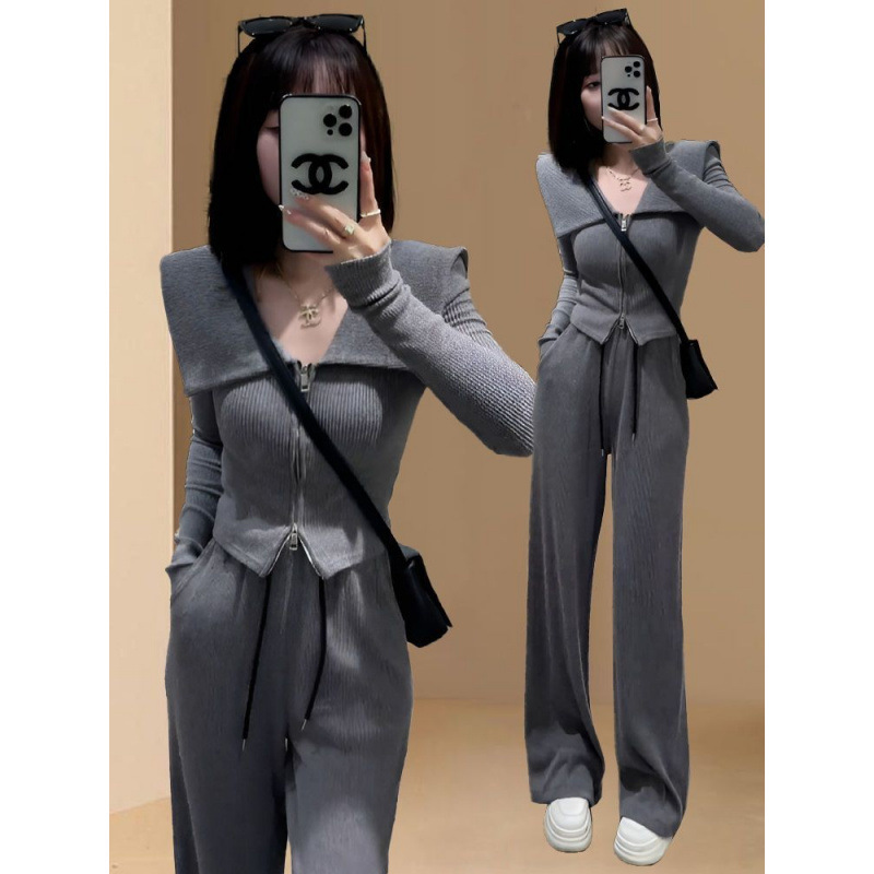 欧货休闲时尚运动服套装女春秋季新款显瘦修身卫衣阔腿裤两件套潮|undefined