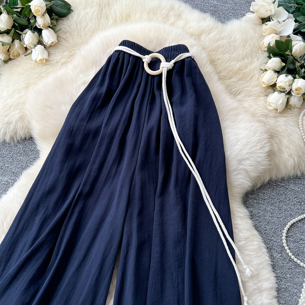 Women's High-Waisted Wide-Leg Trousers Tie Waist Retro Commuter Style Flowy Drapery Relaxed Fit Casual Pants_ecoleips.com