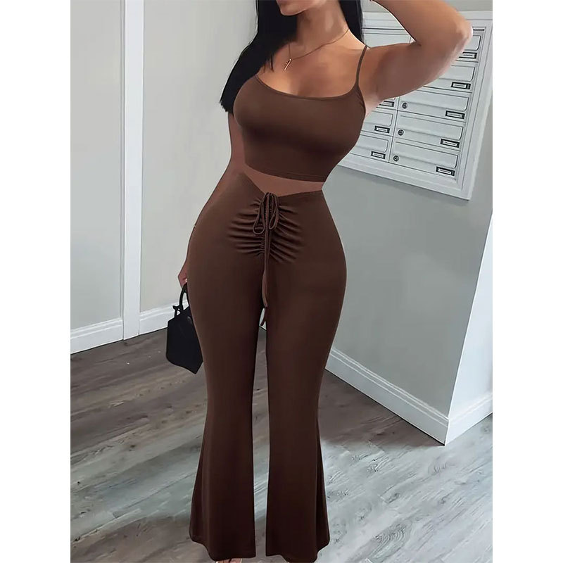 European and American Fashion Black Style Women's Midriff-Baring Sexy Camisole with Front Drawstring Flared Pants Two-Piece Set Cross-Border Foreign Order