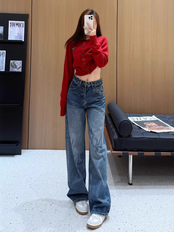 潮感弯刀牛仔裤做旧复古阔腿遮肉显瘦长裤南油女秋季垂感直筒裤|undefined