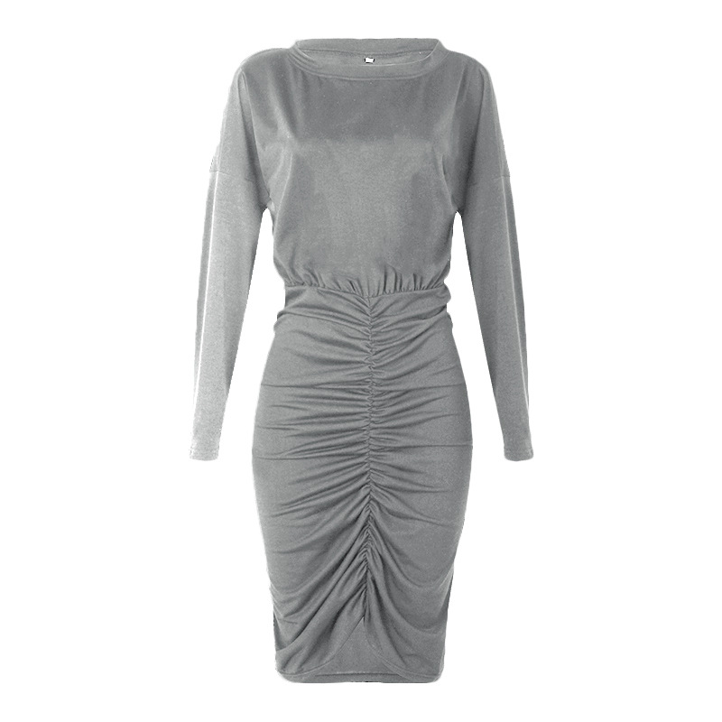 long-sleeved round neck fold sexy irregular dress NSKX36816