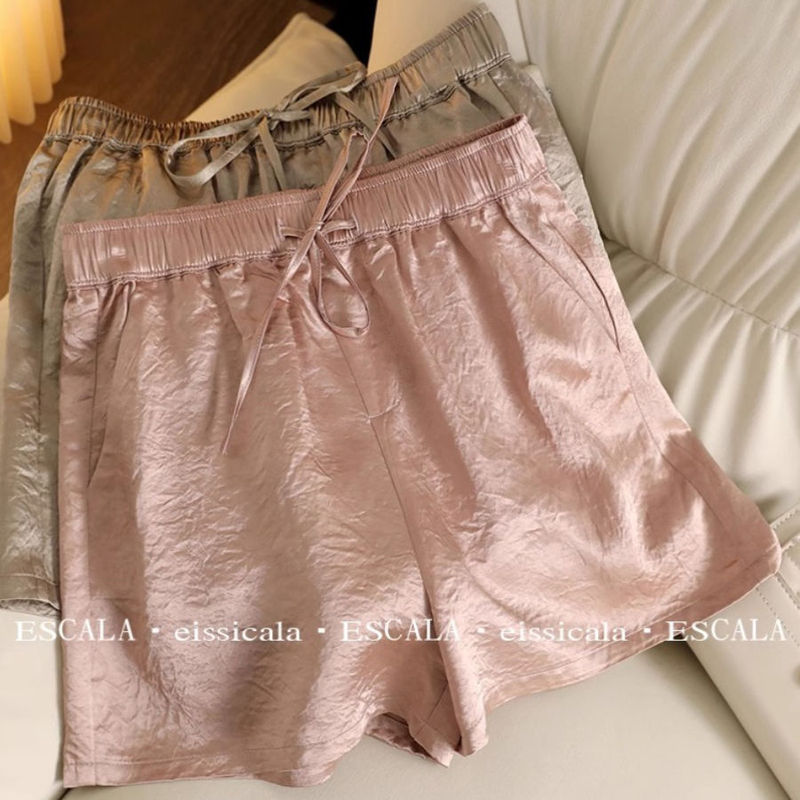 Acetate Pleated Elastic High-Waisted Thin Fashion Casual Pants 2025 Summer New Sports Style Loose Wide-Leg Shorts