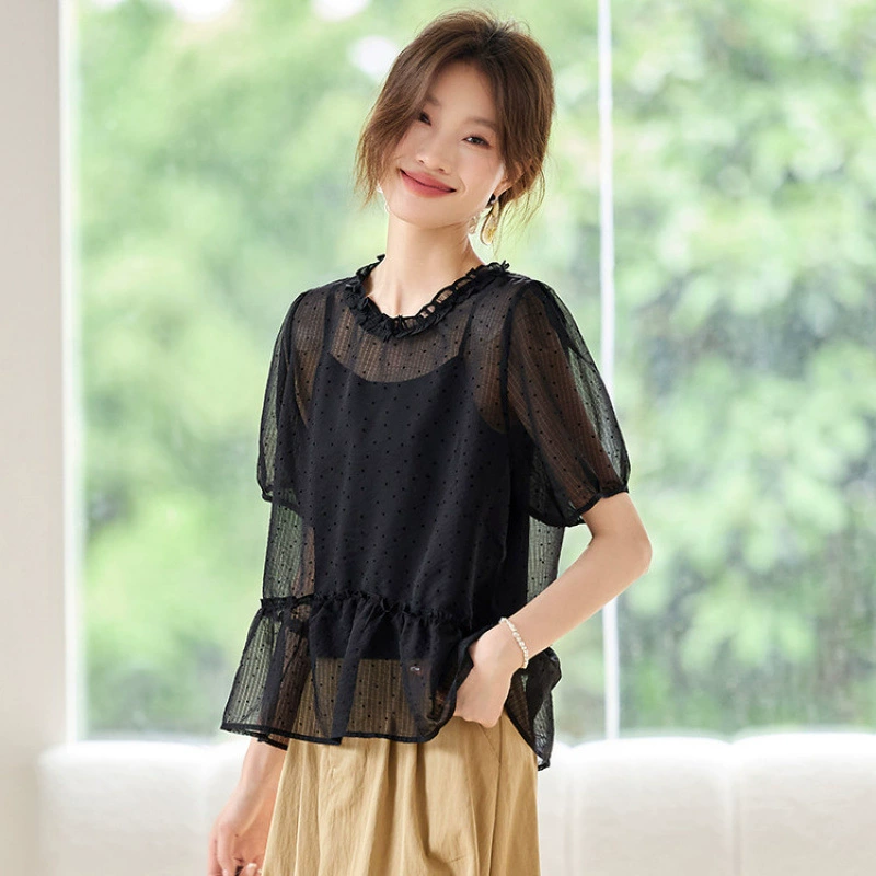 Современная прозрачная футболка с короткими рукавами в горошек для маленьких людей, французский свободный и легкий тонкий топ с грибовидными краями для женщин летом