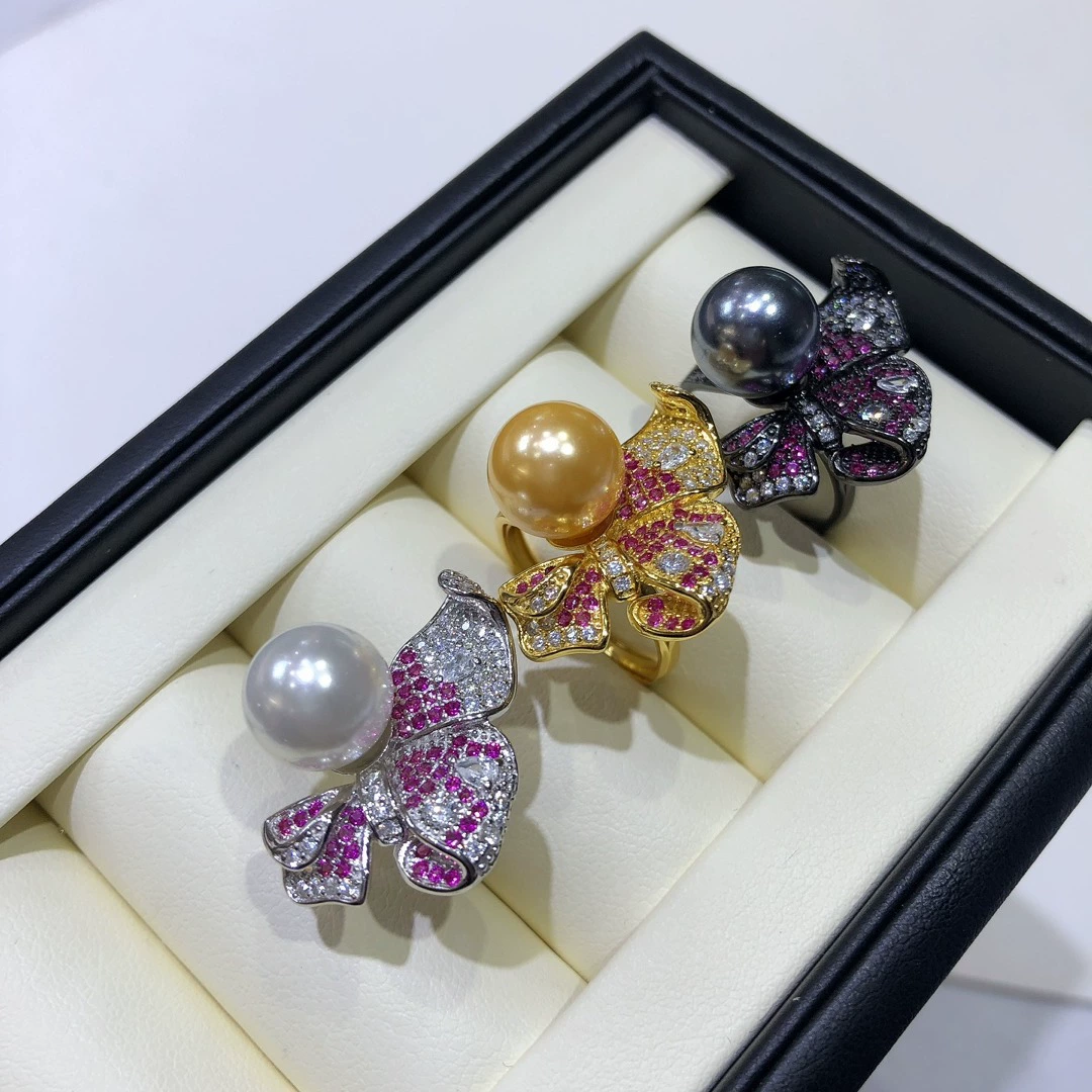 Beads from pearl, accessories, ring with bow, S925, 925 sample silver