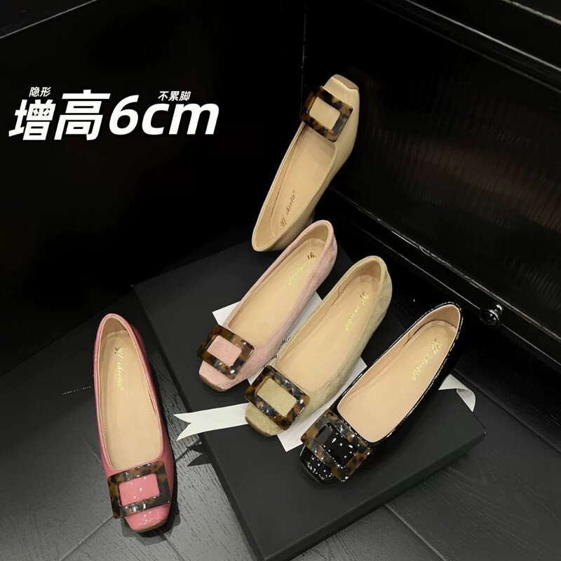 26 New Styles of Women's French-Style Slip-On Ballet Shoes with Leopard Print, Square Buckle, Square Toe, Shallow Mouth, and 6cm Hidden Heel