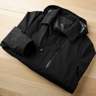 Men's casual mid-length windbreaker spring fashion detachable hat lapel windproof loose jacket men F29704