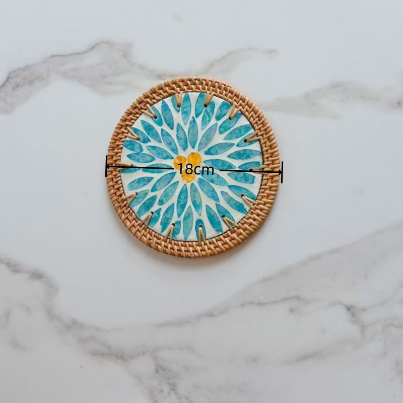 등나무 컬러 쉘 라운드 18cm 코스터 골드 볼 녹색 잎 단일 조각