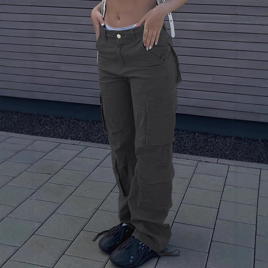 Ropa de mujer, color liso, estilo urbano, cintura alta, recta, holgada, con múltiples bolsillos, estilo de trabajo, moderna, para chica atractiva, pantalones casuales, ropa de mujer_voghion.com