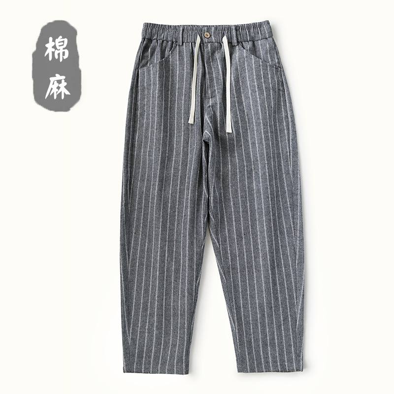 25K07 Classy Cotton and Linen Pants Men's Summer Thin Stripesd Nine-Point Pants Men's Casual Pants Loose Straight Linen Pants