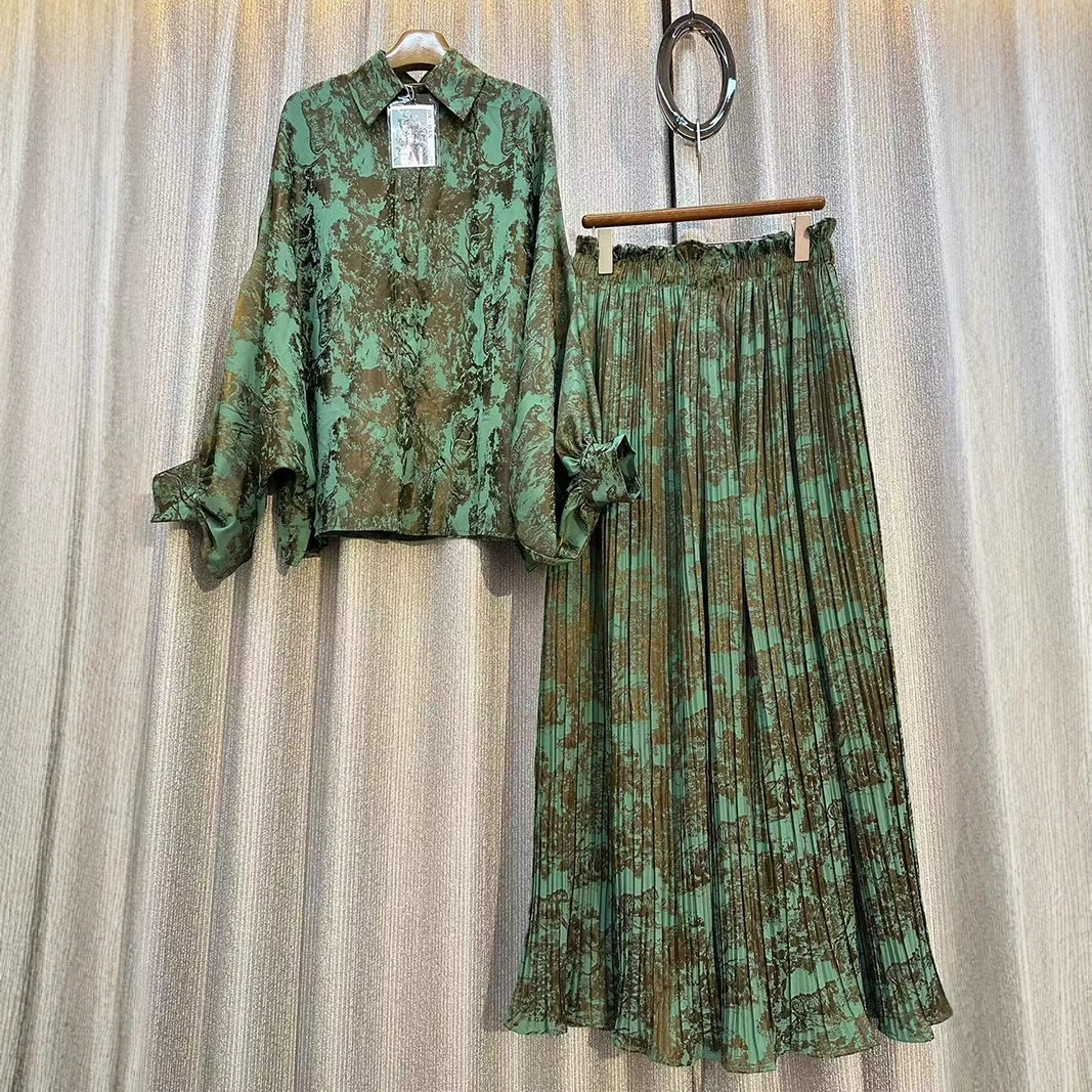 Модный костюм Женская европейская и американская свободная рубашка с рукавами фонаря с принтом из двух частей повседневные плиссированные широкие брюки с высокой талией весной