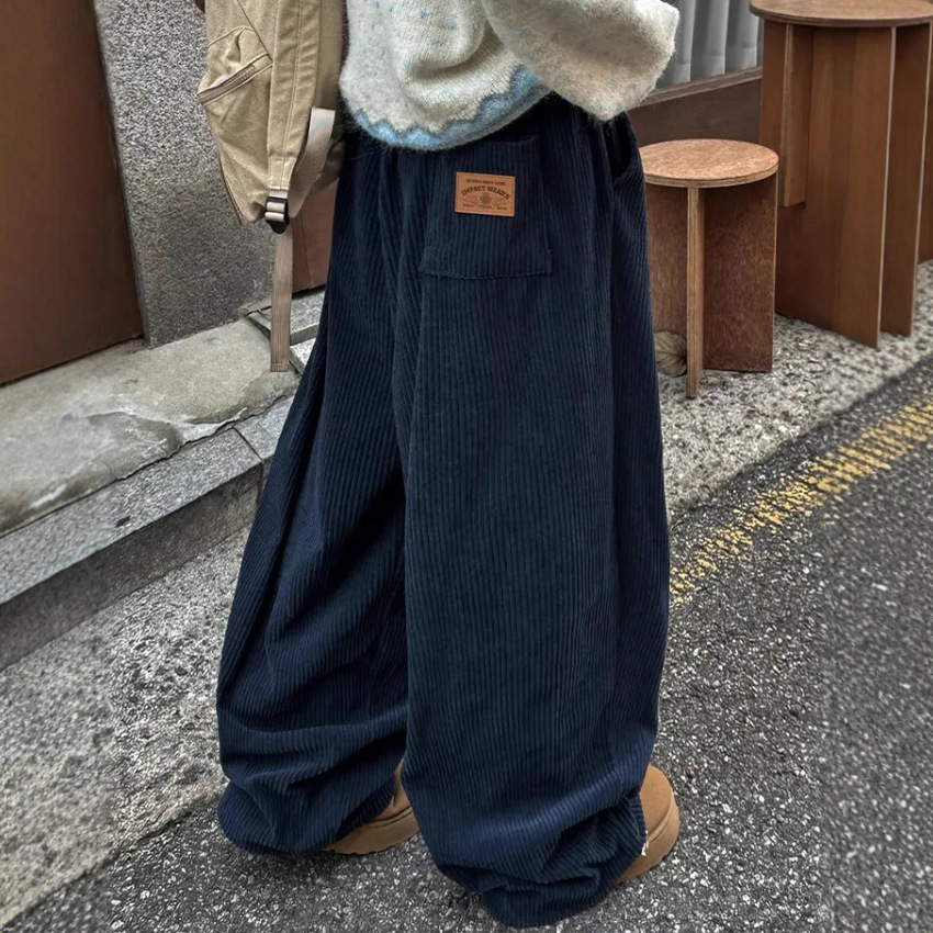 现灯芯绒松紧高腰抽绳条纹显腿长休闲长裤