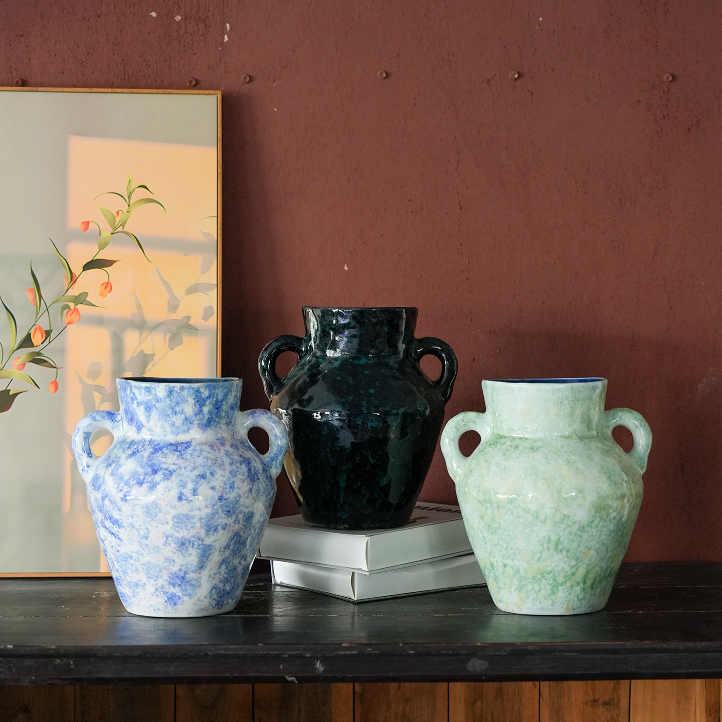 陶瓷花瓶窑变手工复古光面插花瓶家居酒店民宿仿古双耳花瓶摆件