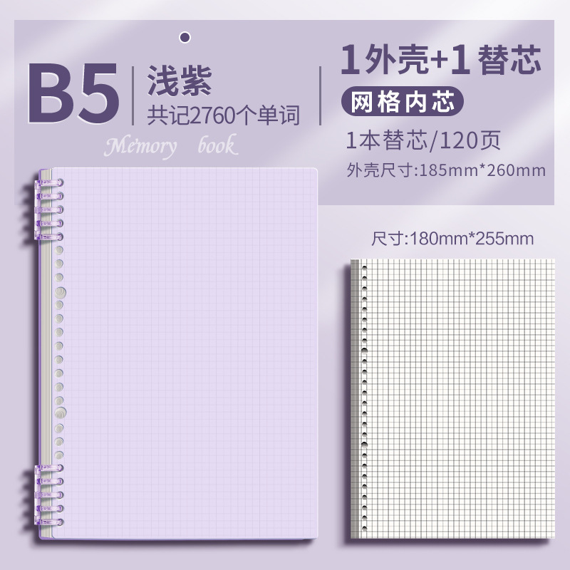 Cuaderno de hoja b5 cuaderno de hoja sub-núcleo desmontable de línea horizontal cuadrada desmontable de núcleo 26 agujeros cuaderno de malla