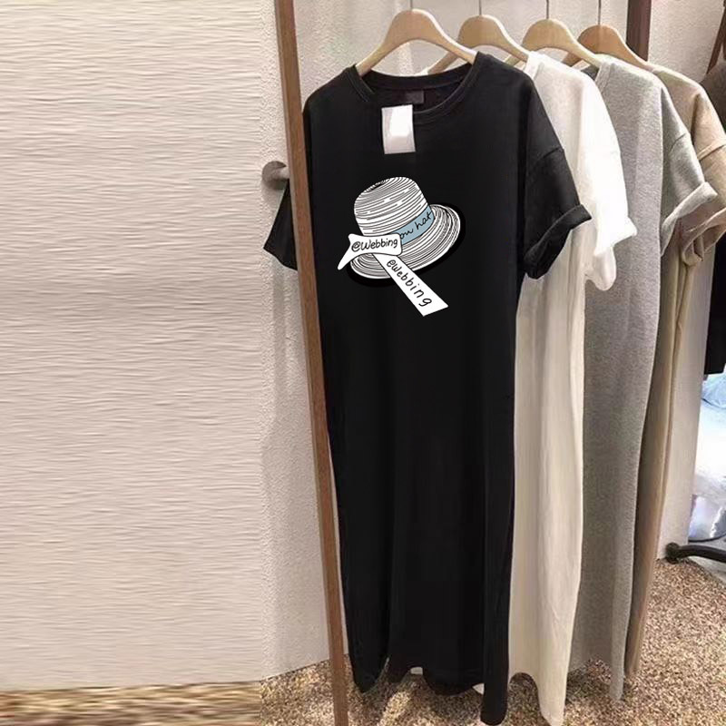Pure Cotton Short-Sleeved Dress for Women in Summer, Loose Hip-Covering Knee-Length T-Shirt Dress with Cartoon Print, Elegant Summer Long Skirt
