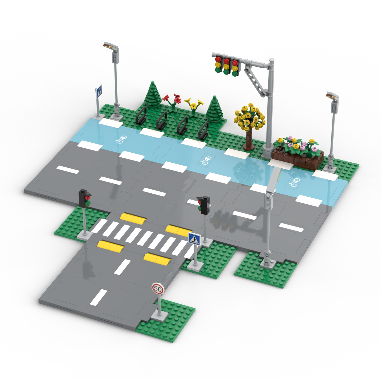 Cross-border New MOC Urban Road Building Blocks Model Floor T-shaped Road Board Pedestrian Bridge Car Bike Lane