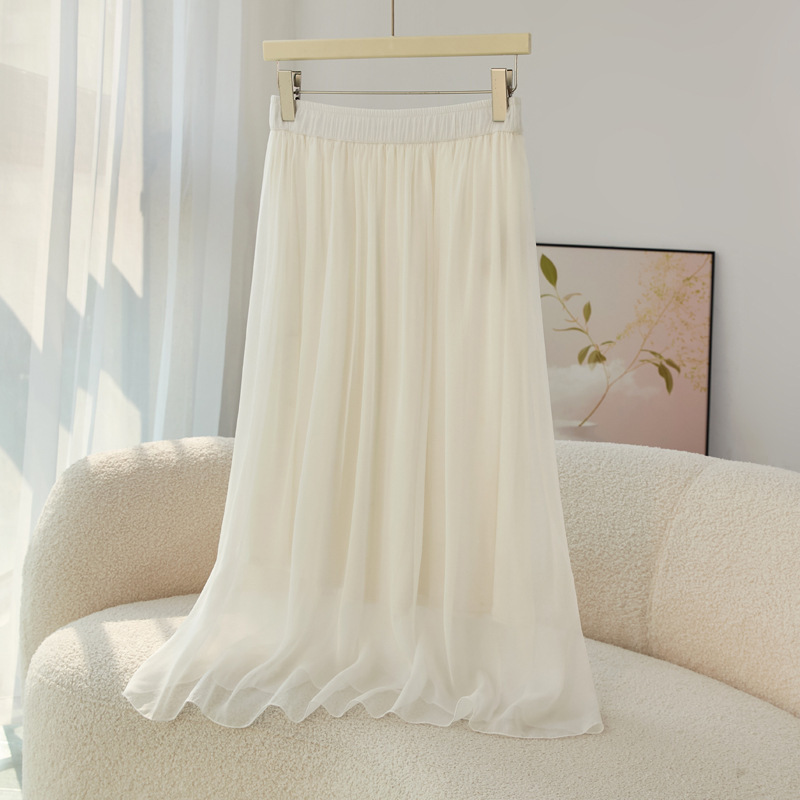 100% silk women's mid-length skirt, summer thin style, hip-covering, slimming A-line, large hem mulberry silk skirt