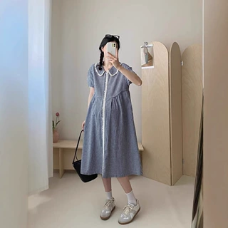 文艺复古时尚潮妈小众设计孕妇蕾丝格纹单排扣短袖显瘦孕妇连衣裙