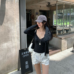 甜辣妹套装黑色碎花长袖开衫短款小外套女秋季吊带背心韩系两件套