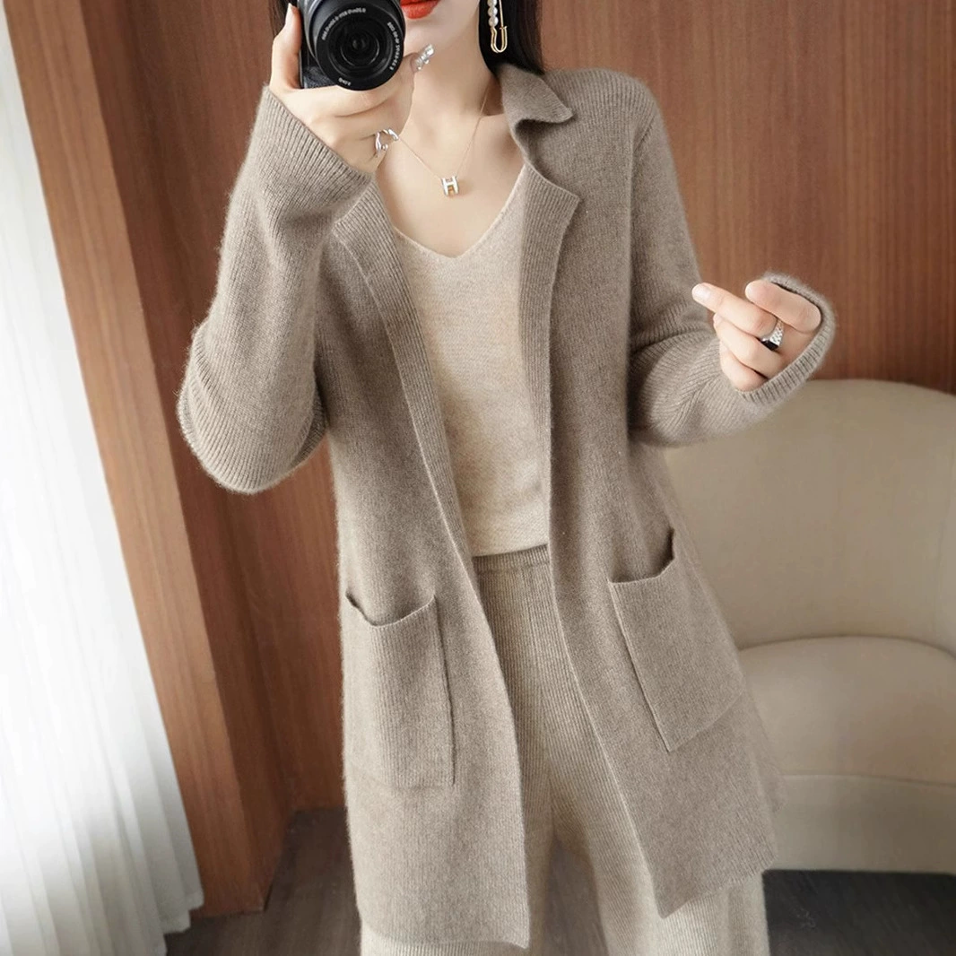 Кардиган средней длины, женское осенне-зимнее Новое свободное однотонное пальто, свитер до колена, пальто, Женский Внешний Топ