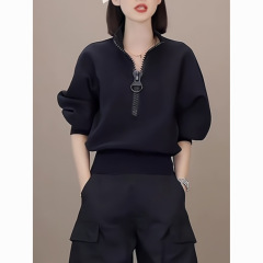 Black loose stand collar pullover zipper plus velvet sweatshirt for women in autumn and winter new rich woman design slim top