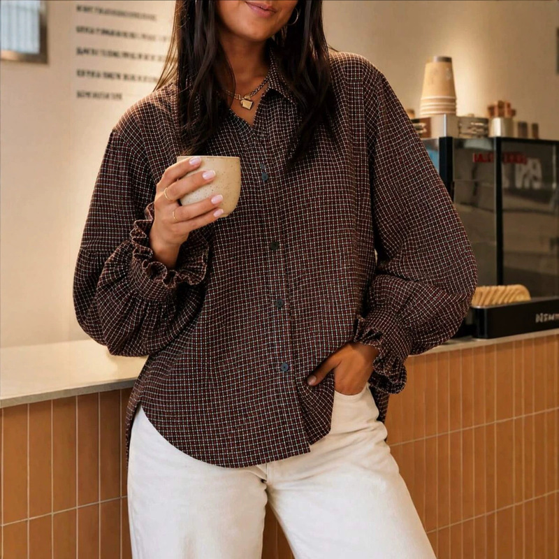 European and American women's clothing cross-border Amazon 2026 autumn new fashion plaid ruffle sleeve loose mid-length women's shirt European and American women's clothing cross-border Amazon 2026 autumn new fashion plaid ruffle sleeve loose mid-length women's shirt
