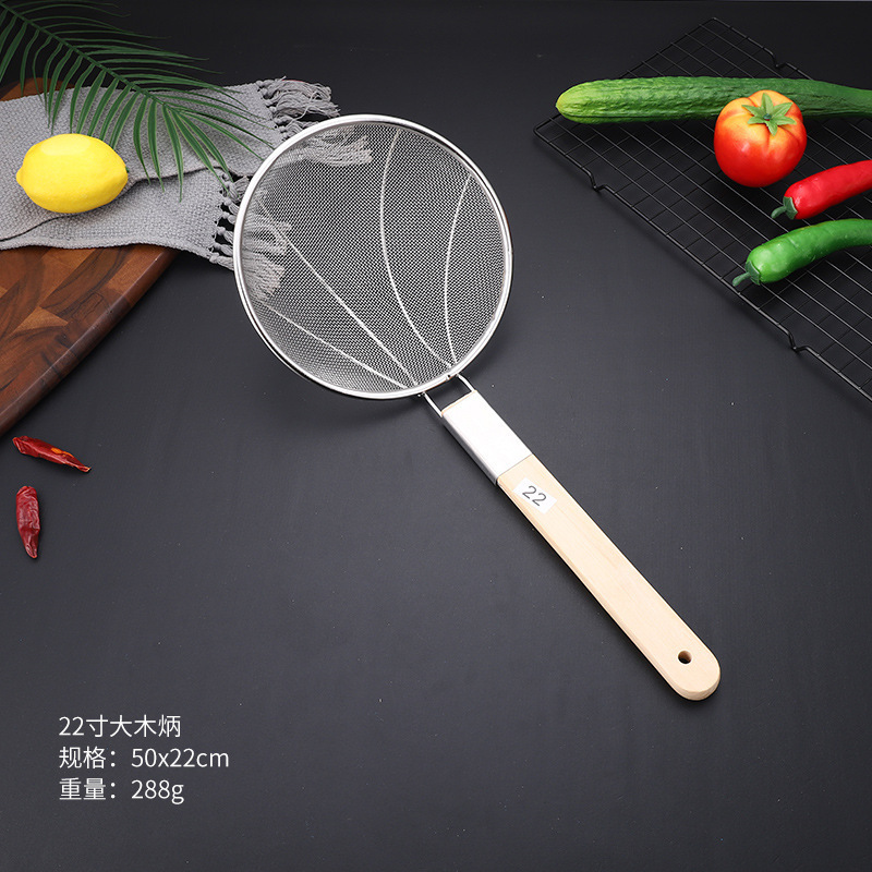 Mango de madera de acero inoxidable gran filtro de malla larga filtro de malla comercial de alimentos fritos tamizado olla caliente para pescar fideos cucharada grande
