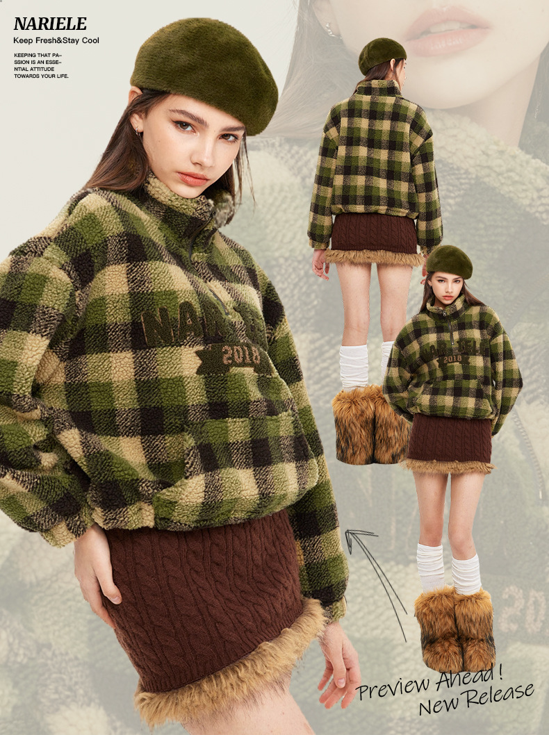 Women's Retro Half Zip Sweater Jacket Letter Embroidered Plaid_voghion.com