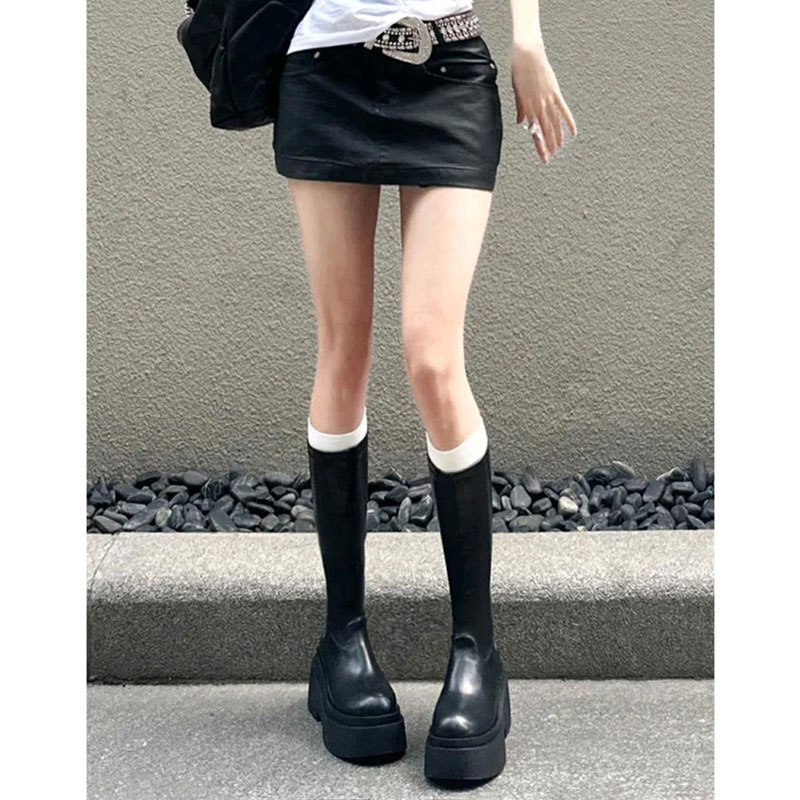 British Style 2025 New Leather Thick Bottom Boots Stretch Thin Boots Heightened Boots High Knights Boots Women