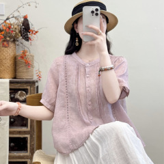 レトロなデザイン感丸首ラミー麻シャツ女性夏の新しい薄いタイプのゆるい新中国式気質五分袖上着