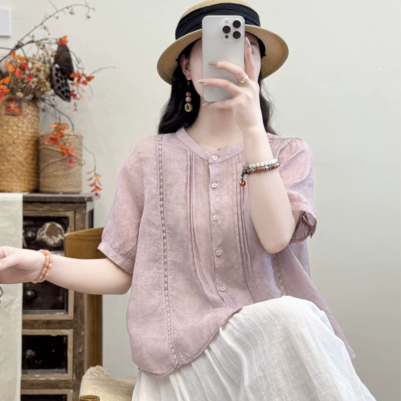 Ретро дизайн с круглым вырезом рубашка рами женская летняя новая тонкая свободная новая китайская темпераментная рубашка с пятью рукавами