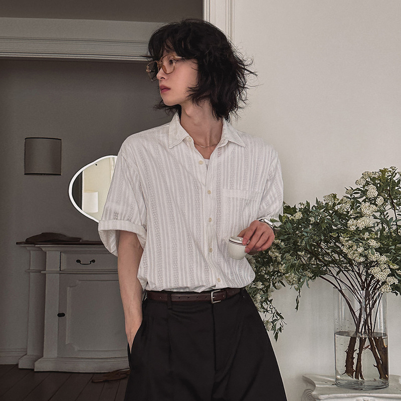 High-end hollow mesh white short-sleeve shirt for men, lightweight, breathable, versatile, loose-fitting, casual summer shirt jacket High-end hollow mesh white short-sleeve shirt for men, lightweight, breathable, versatile, loose-fitting, casual summer shirt jacket