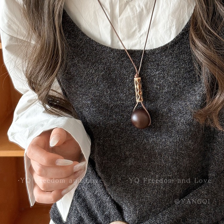 Vintage Kaffeefarbene Unregelmäßige Anhänger Pulloverkette_voghion.com