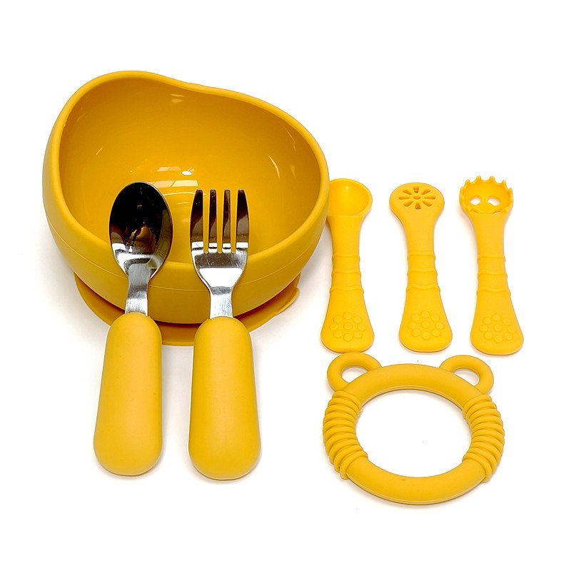 오렌지 (어린이 그릇 + 곰 치발기 + 원형 포크 + 트레이닝 포크와 스푼)
