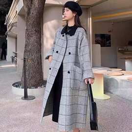 大格纹复古设计感呢子大衣外套中长款春秋季人字纹时尚毛呢风衣女