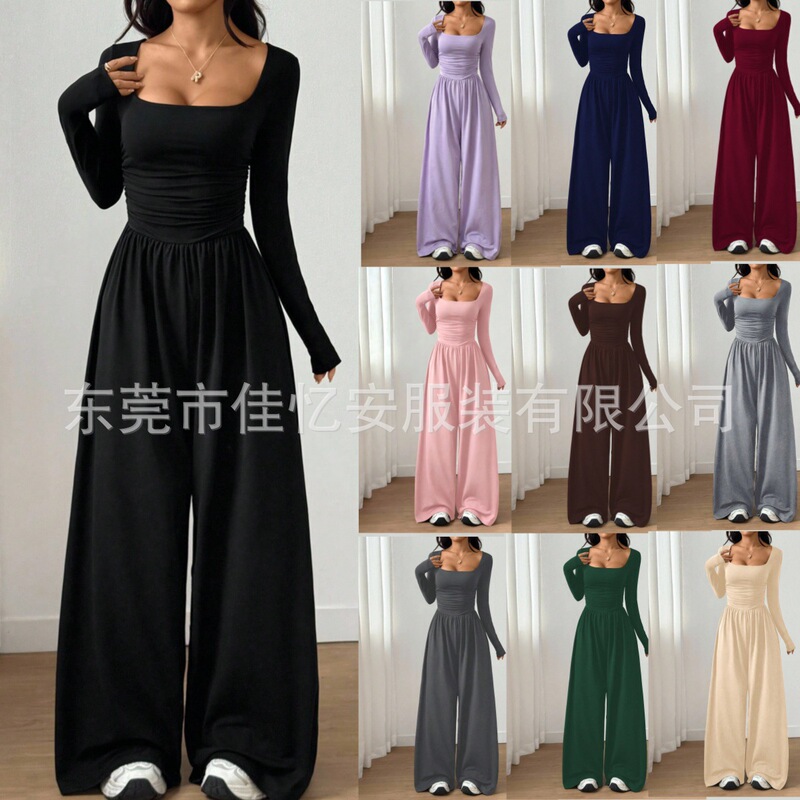 2026 Amazon European and American Cross-Border New Long-Sleeve Square-Neck Fashion Casual Wide-Leg Slim-Fit Solid Color Jumpsuit 2026 Amazon European and American Cross-Border New Long-Sleeve Square-Neck Fashion Casual Wide-Leg Slim-Fit Solid Color Jumpsuit