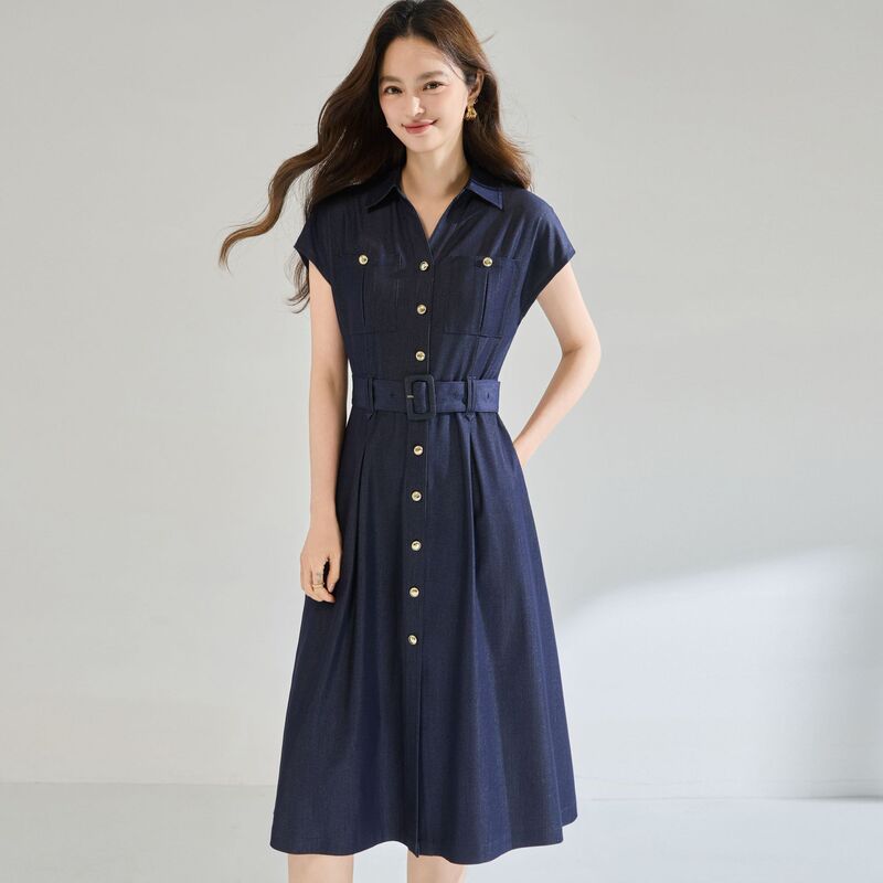 2026 Summer New Style Simple and Stylish Waist-Cinching Three-Dimensional Cut High-End Faux Denim Commuter Dress 25711