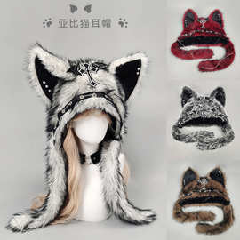 跨境暗黑系哥特风毛绒帽子冬季辣妹猫耳帽万圣节朋克风摇滚保暖帽
