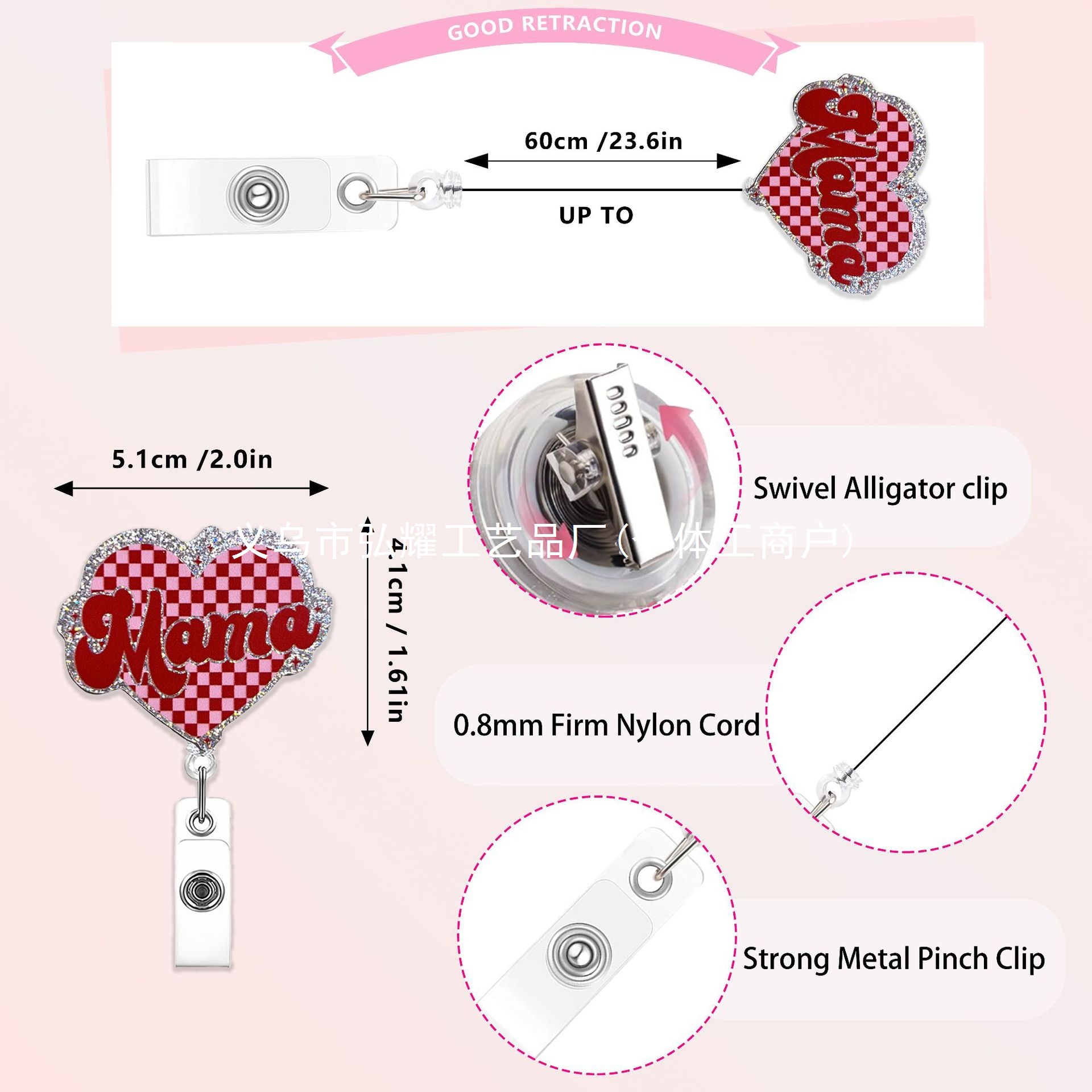 Colgar polvo acrílico brillante divertido clip de insignia de hebilla de dibujo divertido certificado retráctil hebilla de oficina médica lindo colgar