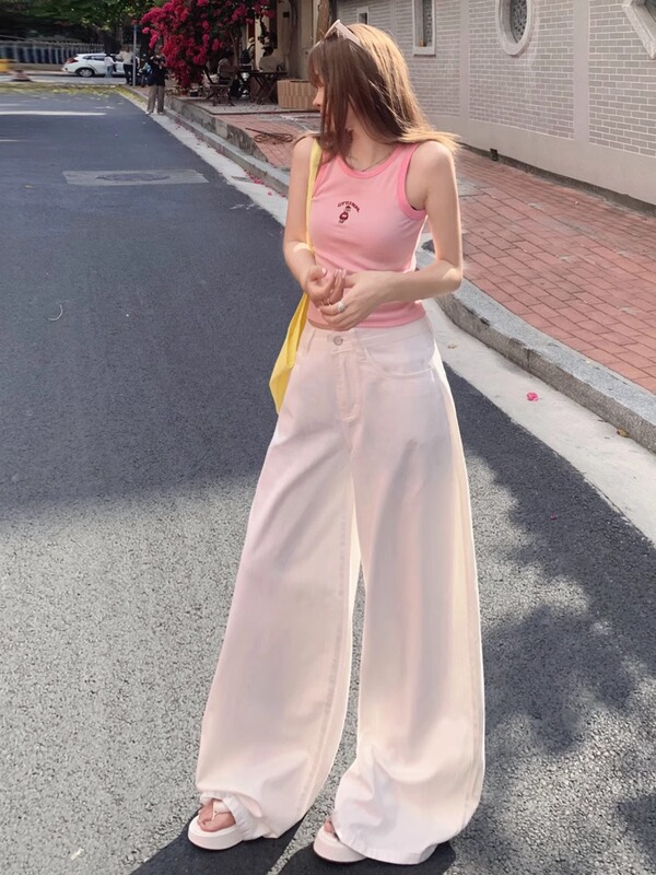 美式复古高腰黑茶白色宽松阔腿裤女春夏百搭垂感拖地裤牛仔裤子女|undefined