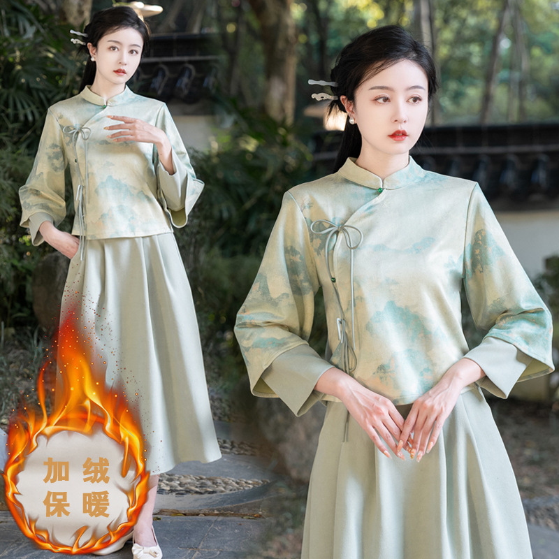 New Chinese Style Improved Cheongsam Loose Warm Deerskin Velvet Retro Top and Skirt Two-Piece Set Daishan