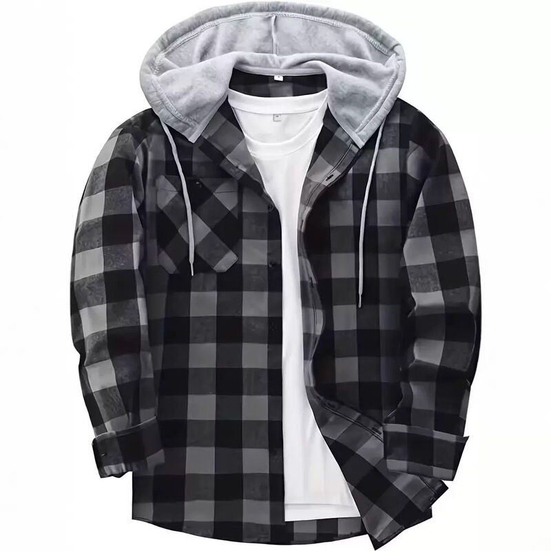 2026 New Cross-Border Foreign Trade Men's Plaid Hooded Shirt, European Size, Casual Long-Sleeve Jacket, All-Season Style
