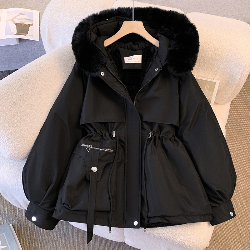 Forrado de lana gruesa Chaqueta de algodón acolchado de las mujeres de invierno cintura apretada cuello de piel grande ropa de trabajo chaqueta acolchada de algodón chaqueta caliente pequeña ropa de parka de estilo occidental image 5