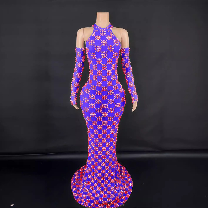 Fashion Backless Halterneck Slim Gloves Diamond Tight Long Hip-Hugging Floor-Length Dress Wholesale