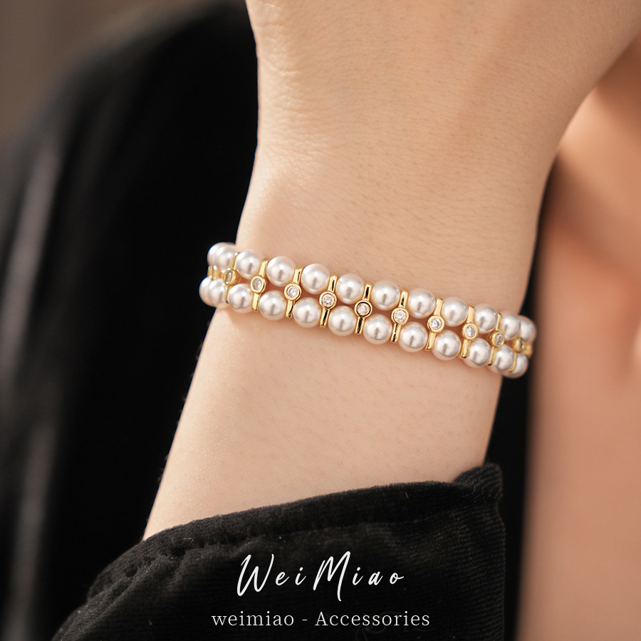14k oro real chapado doble capa zircón pulsera de perlas ligera pulsera de nicho temperamento exquisito joyas personales