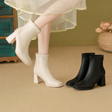 软皮白色马丁短靴2025年新款气质粗跟方头法式弹力瘦瘦靴女818-1