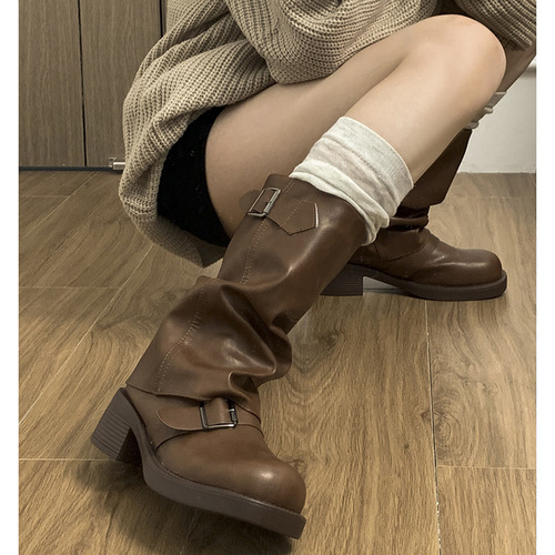 Retro Brown American Western Cowboy Boots Women's 2024 New Autumn Small Thin Thick Heel Stacked Short Boots