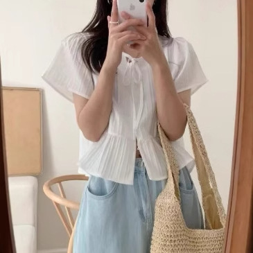 现货chic韩系夏季娃娃衫温柔甜美蝴蝶结皱褶衬衫设计感上衣女