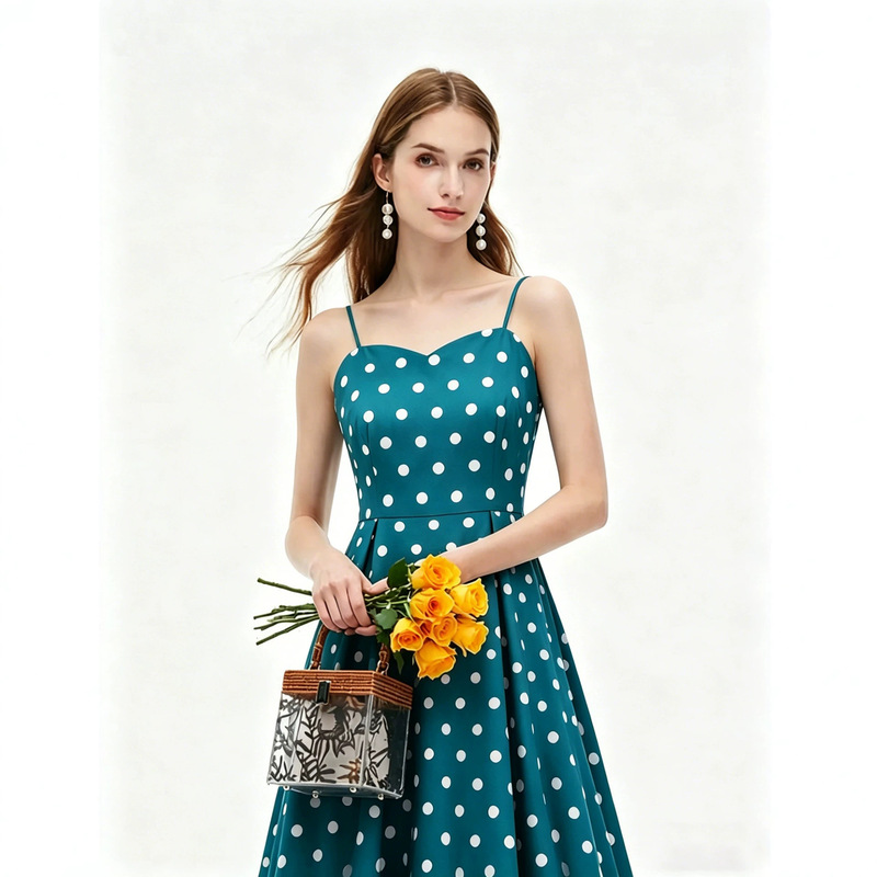 Cross-Border European and American Women's Clothing, Retro Polka Dot Suspender Dress, 50S Hepburn Style Waist-Cinching Flared Umbrella Skirt