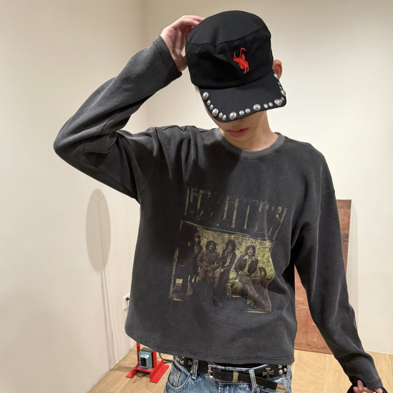High-Quality 300g Heavyweight Washed Vintage Waffle Imported Digital Print Long-Sleeve T-Shirt Short Wide Boxy Base Shirt